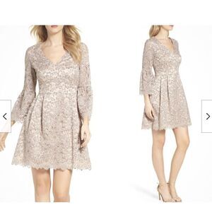 Eliza J Size 6 Dress Lace Fit and Flare Nude Tan Gray Bell Sleeve Dress